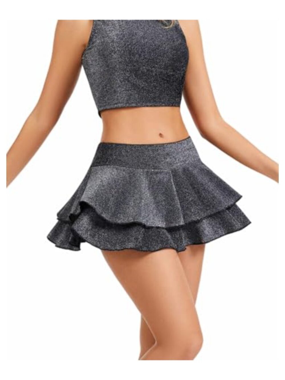 Sparkly Metallic Ruffle Skort with Built-in Shorts for Club Party Rave